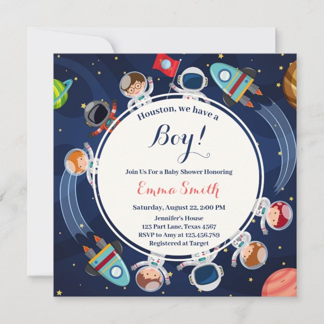 Invitación Outer Space Houston Tenemos una Ducha de Bebé Niño (Anverso)