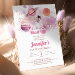 Invitación Outer Space Pink Planets Girl First Birthday<br><div class="desc">Outer Space Birthday-themed invitation for your perfect celebration. Whimsical watercolors and modern typography complement the design. Personalize with your details easily and quickly,  press the customize it button to further re-arrange,  and format the style and placement of the text.
Matching items in our shop.</div>