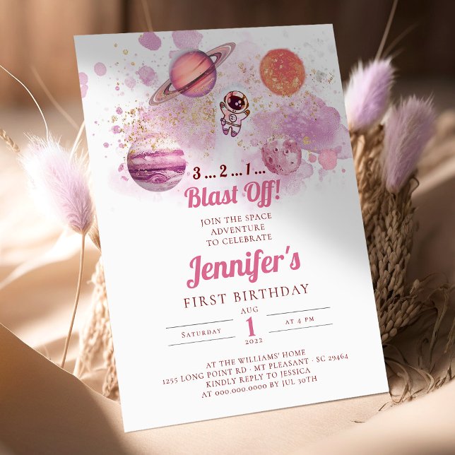 Invitación Outer Space Pink Planets Girl First Birthday (Subido por el creador)