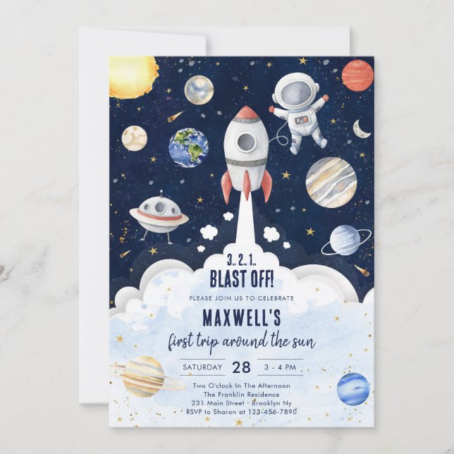 Invitación Outer Space Planets Astronaut Boy Birthday (Anverso)