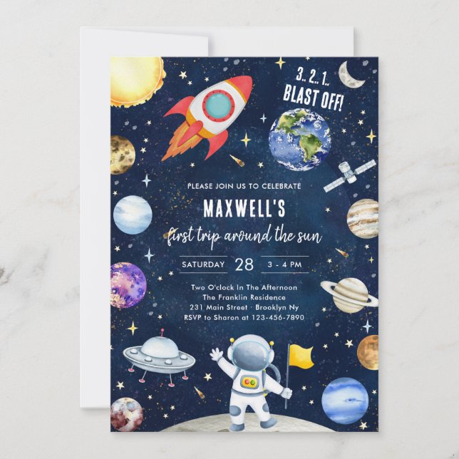 Invitación Outer Space Planets Astronaut Boy Birthday (Anverso)