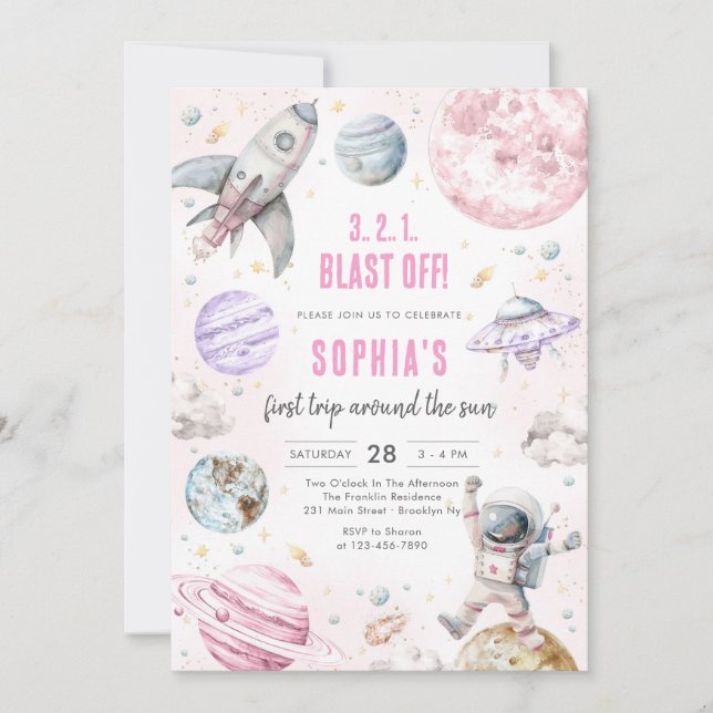 Invitación Outer Space Planets Astronaut Girl Birthday (Anverso)