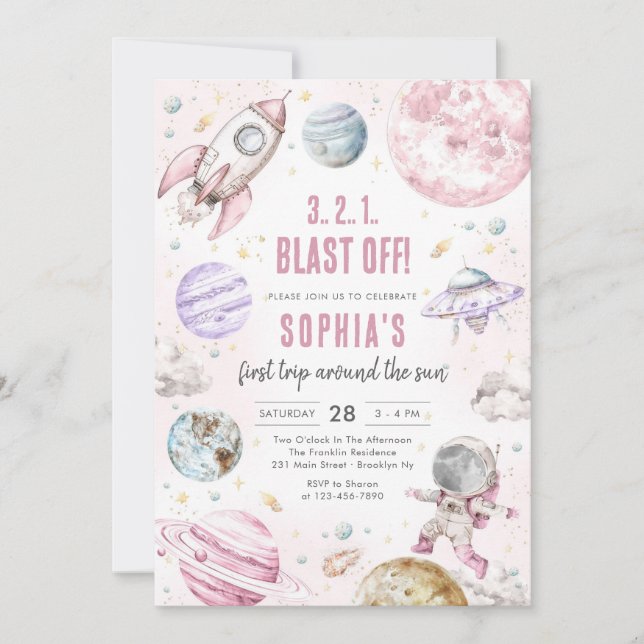 Invitación Outer Space Planets Astronaut Girl Birthday (Anverso)