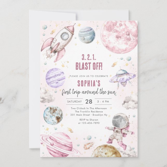 Invitación Outer Space Planets Astronaut Girl Birthday (Anverso)