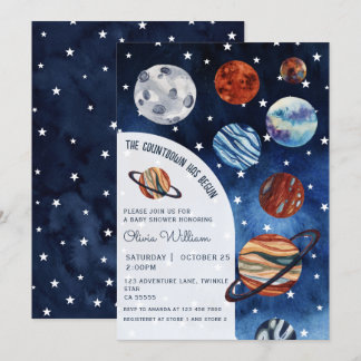 Invitación Outer Space Planets Navy Blue Boy Baby Shower 