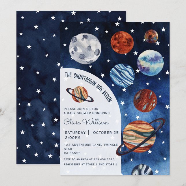 Invitación Outer Space Planets Navy Blue Boy Baby Shower  (Anverso / Reverso)
