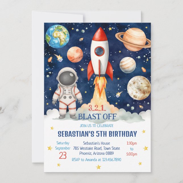 Invitación Outer Space Rocket Ship Astronaut Galaxy Birthday  (Anverso)