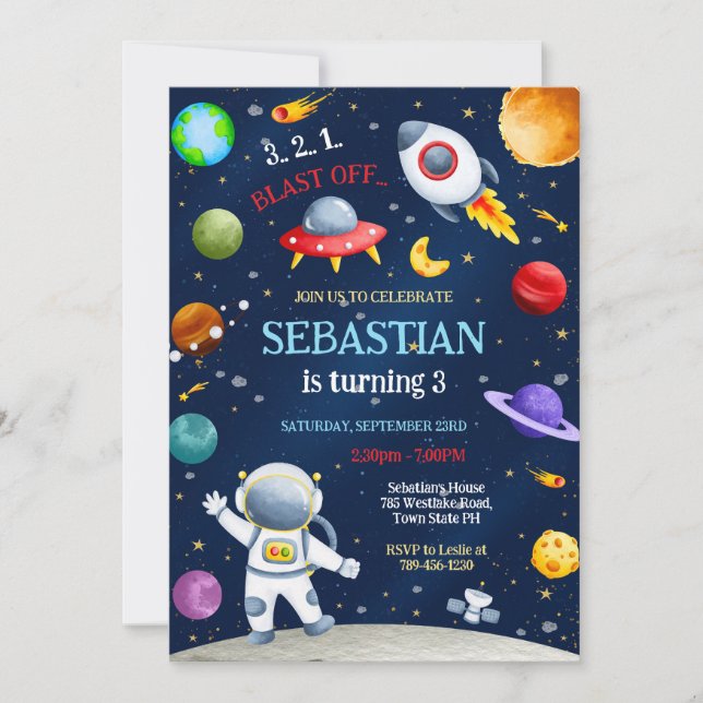 Invitación Outer Space Rocket Ship Astronaut Galaxy Birthday  (Anverso)