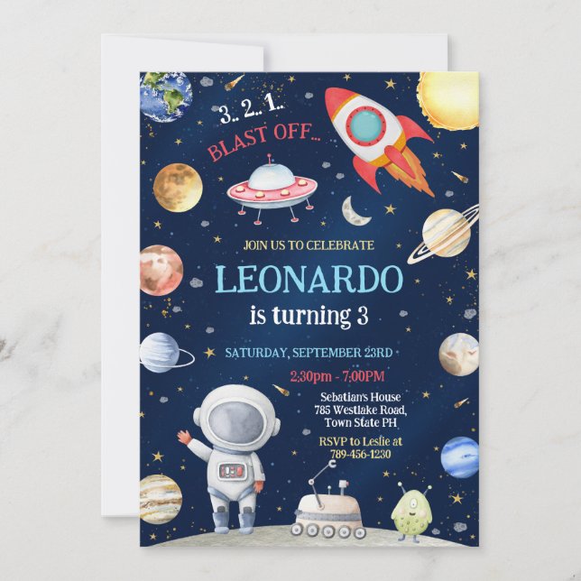 Invitación Outer Space Rocket Ship Astronaut Galaxy Birthday  (Anverso)