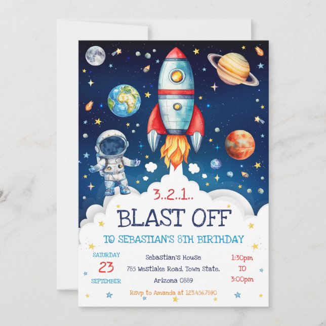 Invitación Outer Space Rocket Ship Astronaut Galaxy Birthday  (Anverso)