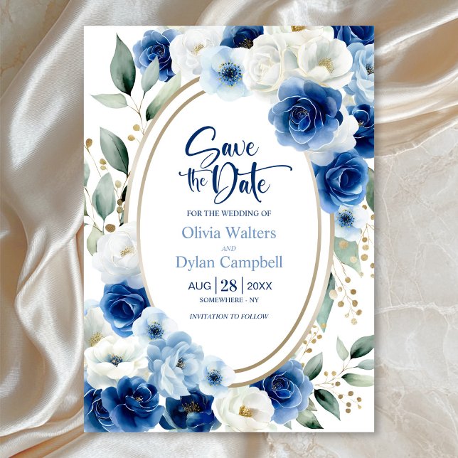 Invitación Oval Blue Floral Wedding Save the Date (Subido por el creador)