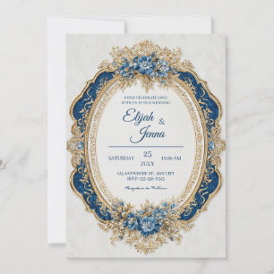 Invitación Oval Escalonado Floral Barroco Dorado de la Marina