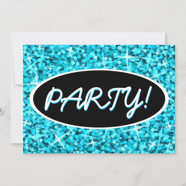 Invitación oval negra de Glitz Blue 'Fiesta!' (Anverso)