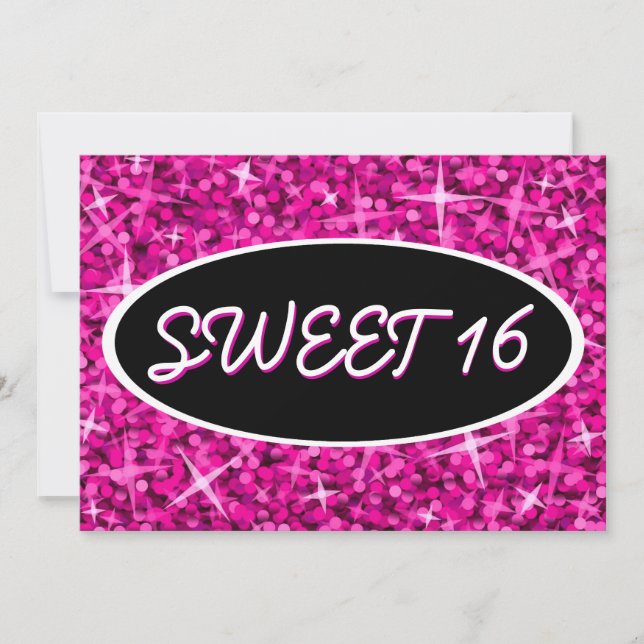 Invitación oval negra de Glitz Pink Sweet 16 (Anverso)