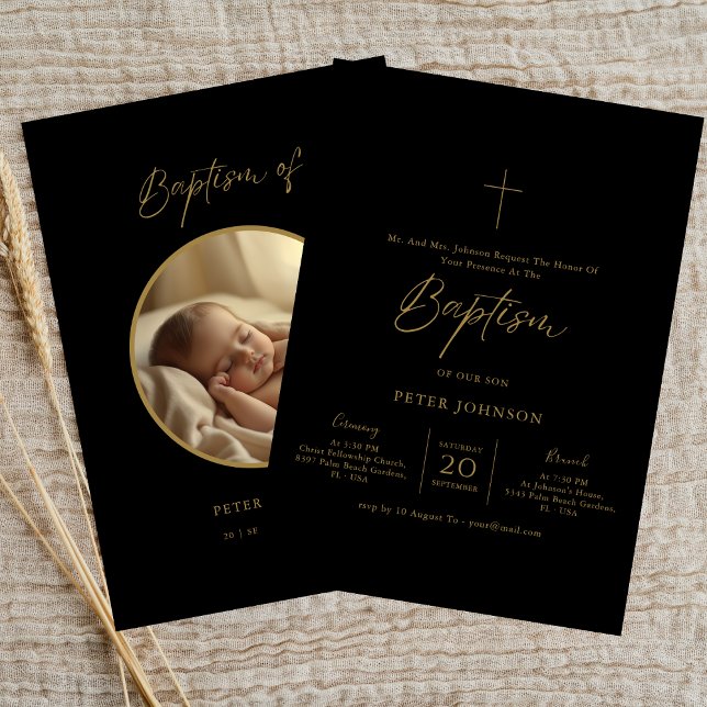 Invitación Oval Photo Black & Gold Gender Neutrsm Baptism (Subido por el creador)