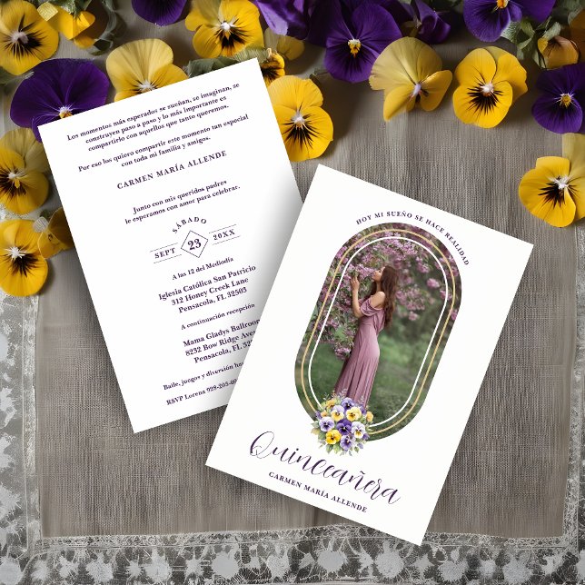 Invitación Oval Spanish Chic Floral Bouquet Photo Quinceañera (Oval Spanish Chic Pansies Floral Bouquet Quinceañera Invitation Card with Envelope. )