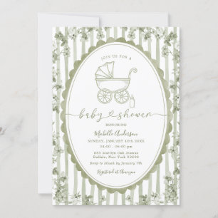Invitación Oval Stripes Toile Floral Baby Shower Sage Green