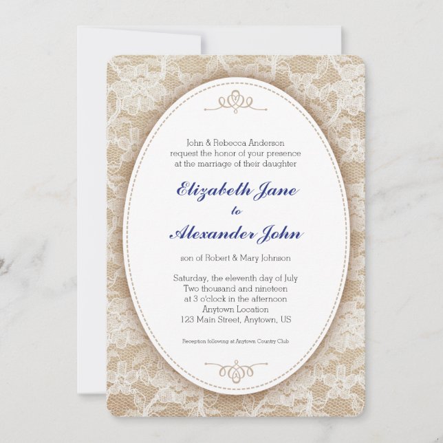 Invitación Óvalo de cosecha en Burlap y Boda de encaje (Anverso)