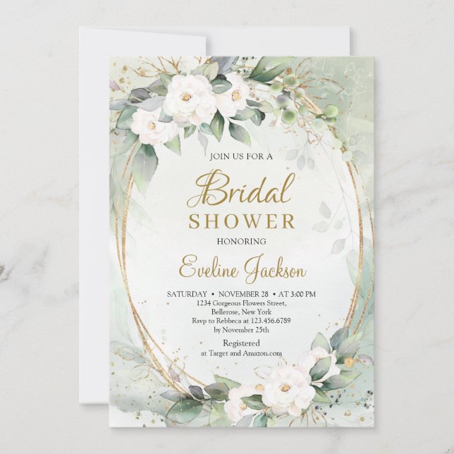 Invitación Óvalo dorado de oro de roses blancas eucalipto Nod (Anverso)