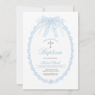 Invitación Óvalo Perla Azul Bautizo Niño Cristiandad con Cruz