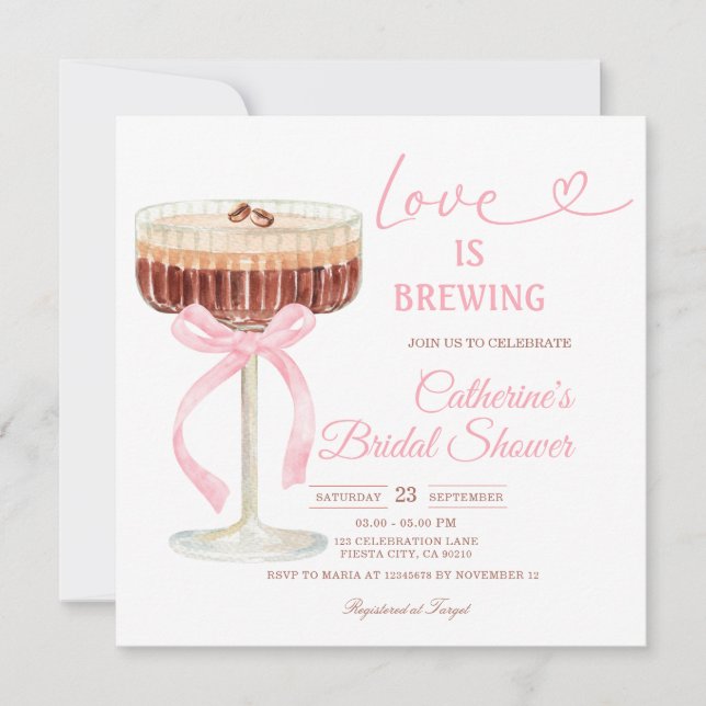 Invitación ove Is Brewing Bridal Shower Coffee Martini Theme (Anverso)