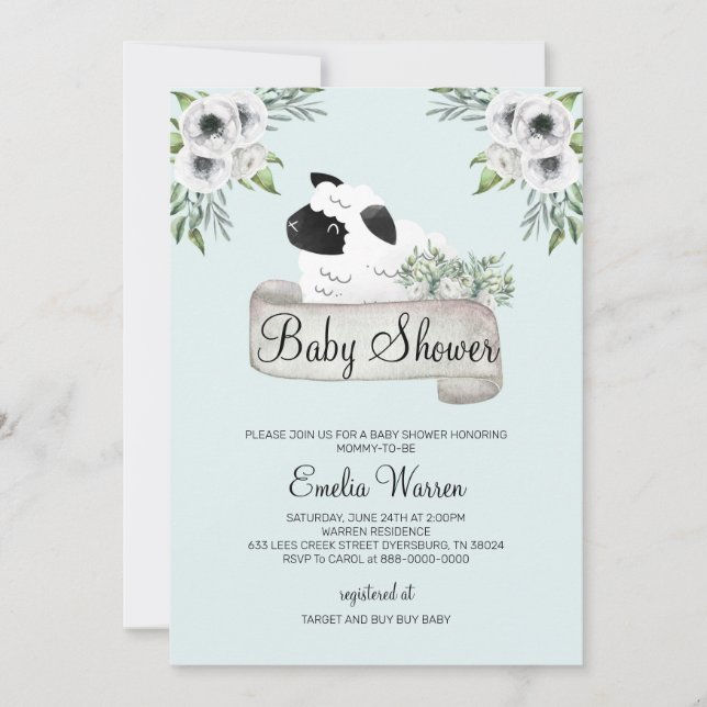Invitación Oveja Baby Shower Floral (Anverso)