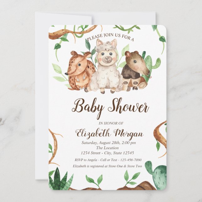Invitación Oveja de animales de la selva baja de Baby Shower (Anverso)