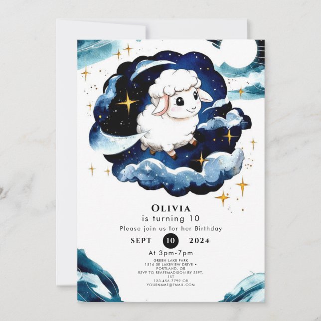 Invitación Oveja de Cumpleaños de Pastel Encantado (Anverso)