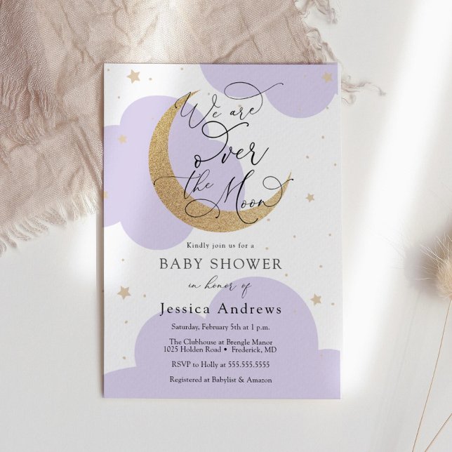 Invitación Over the Gold Moon Purple Baby Shower invitation (Subido por el creador)