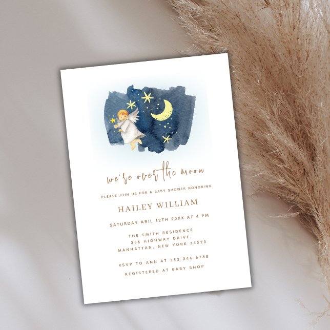 Invitación Over the Moon Angel Moon Star Baby Shower (Over The Moon Angel Moon Star Baby Shower Invitation)