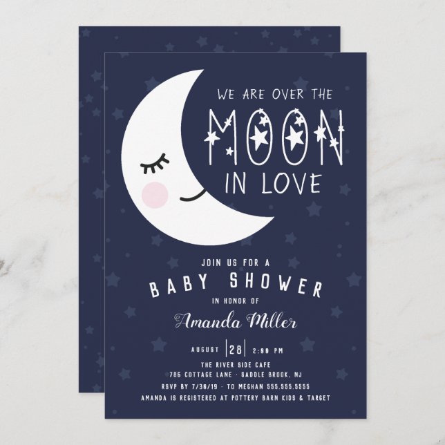 Invitación Over The Moon Baby Shower (Anverso / Reverso)