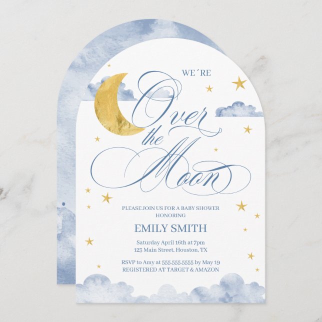 Invitación Over The Moon Baby Shower (Anverso / Reverso)