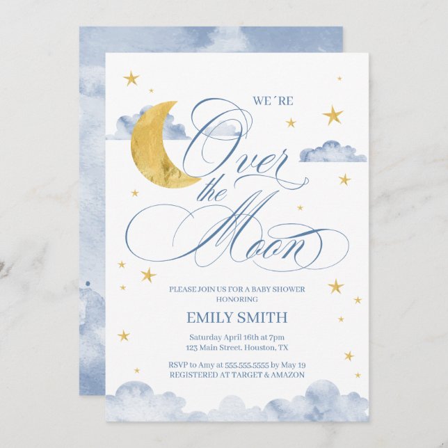 Invitación Over The Moon Baby Shower (Anverso / Reverso)