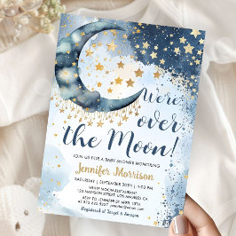 Invitación Over The Moon Baby Shower Boy Blue Twinkle Stars