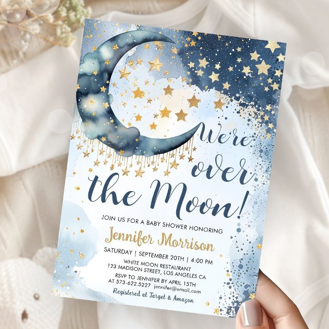Invitación Over The Moon Baby Shower Boy Blue Twinkle Stars (Subido por el creador)
