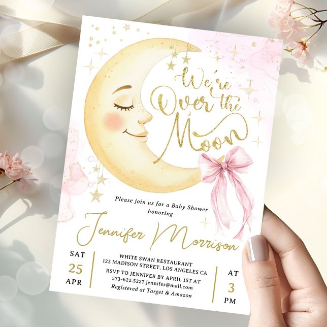 Invitación Over the Moon Baby Shower Girl Pink Bow Cute Moon (Subido por el creador)