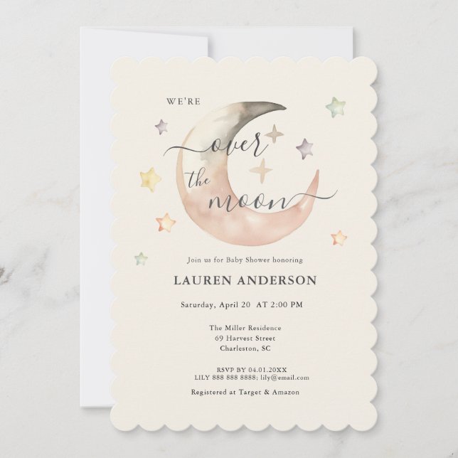 Invitación Over The Moon Boho Celestial Baby shower (Anverso)