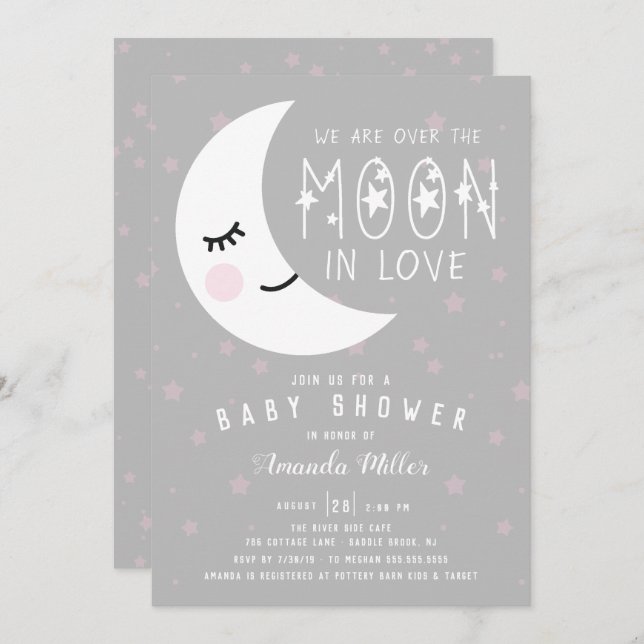 Invitación Over The Moon Chica Baby Shower (Anverso / Reverso)
