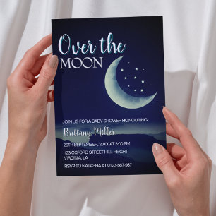 Invitación Over the Moon Crescent Stars Baby Shower