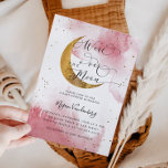 Invitación Over the Moon Dreamy Gold Chica Baby Shower<br><div class="desc">Tarjeta de invitación a la ducha para bebés de chica de ensueño con arte acuarela de cielo rosa con falsa luna de oro y estrellas. El texto dice "estamos sobre la luna".</div>