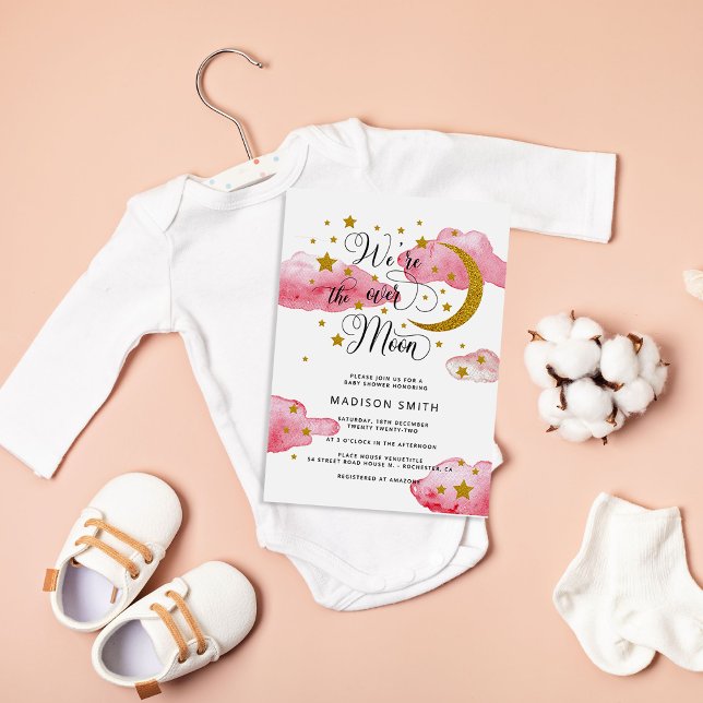 Invitación Over the Moon Dreamy Gold Chica Baby Shower (Subido por el creador)