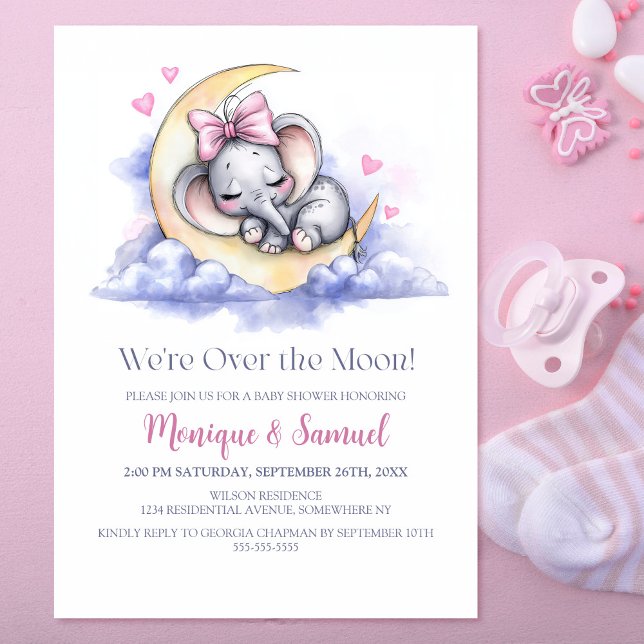 Invitación Over the Moon Girl Elephant Baby Shower (Subido por el creador)