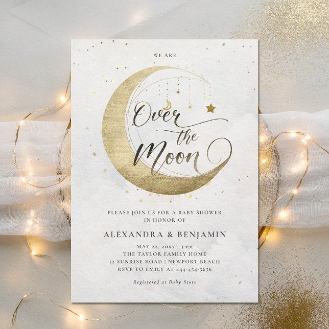 Invitación Over the Moon Gold White Dreamy Sky Baby Shower (over the moon baby shower invitation gold stars sky dreamy celestial galaxy twinkle)
