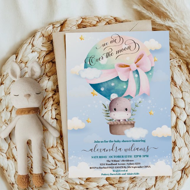 Invitación Over the Moon Hippo Baby Shower (Subido por el creador)