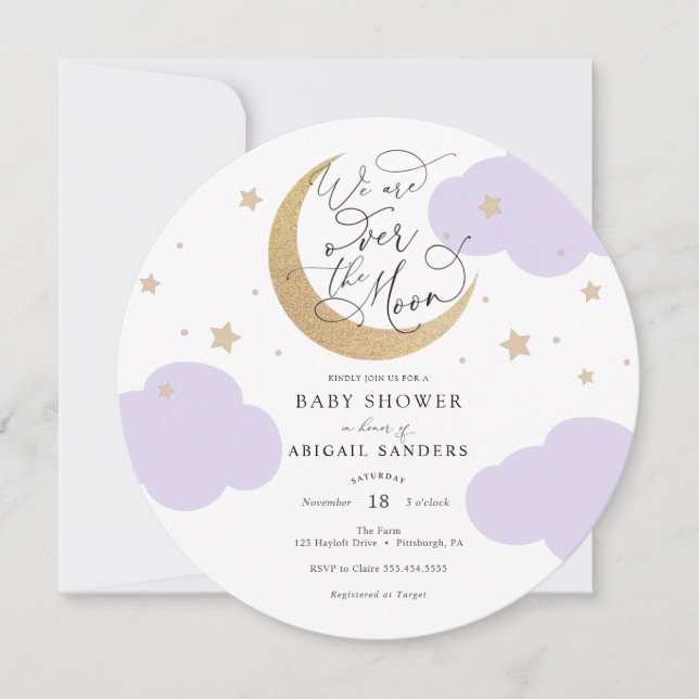 Invitación Over the Moon Purple Baby Shower Invitation (Anverso)