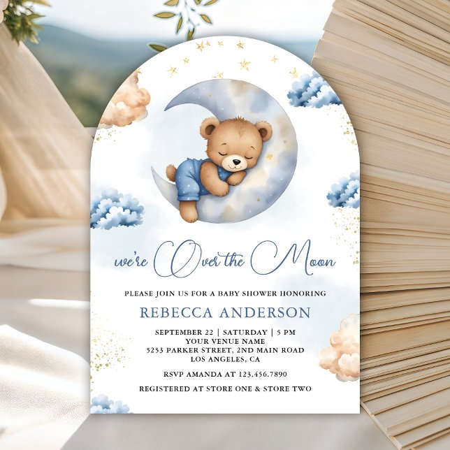 Invitación Over the Moon Sleeping Teddy Bear Blue Baby Shower (Subido por el creador)