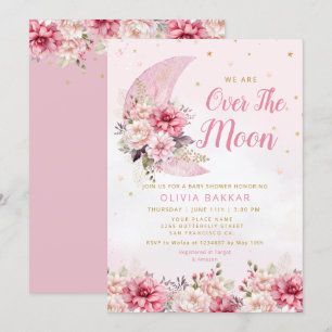 Invitación Over the Moon & Stars Watercolor Chica Baby Shower