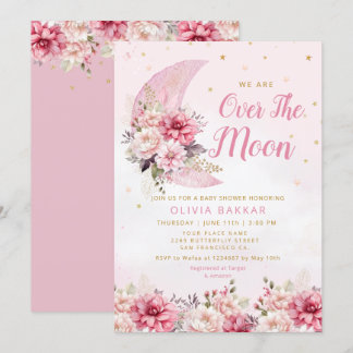 Invitación Over the Moon & Stars Watercolor Chica Baby Shower