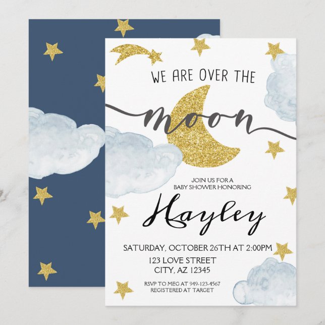 Invitación Over the Moon Steel Blue Boys Baby Shower (Anverso / Reverso)