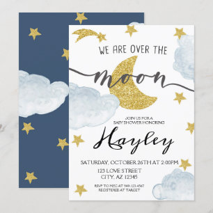 Invitación Over the Moon Steel Blue Boys Baby Shower